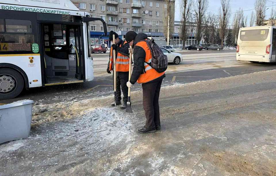 Более 700 тонн пескосмеси ушло днём на посыпку тротуаров, спусков и подъёмов в Воронеже