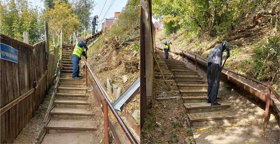 В Ленинском районе чистят нагорные лестницы